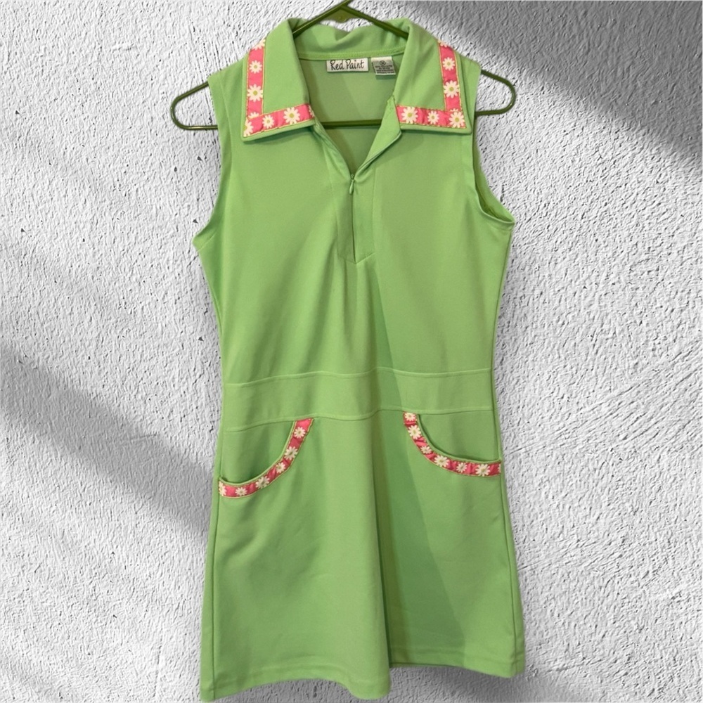 90’s Y2K vintage green mini dress with floral detail collared with‎ quarter zip